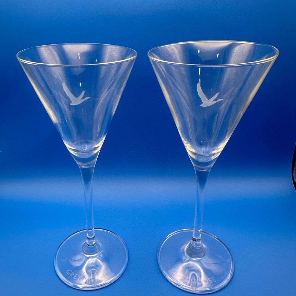 Grey Goose Martini Glasses Long Stem Etched Goose Set of 2 Etched Logo 7 1/2"